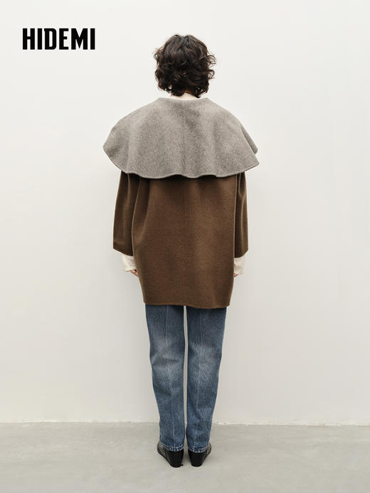 HIDEMI 进口澳洲美利奴双面双色长毛羊毛大翻领茧型大廓形大衣 商品图3