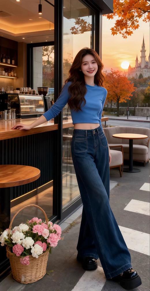 D120223一件过冬~冬季新款加绒复古高腰双口袋垂感显瘦直筒阔腿牛仔裤 商品图1