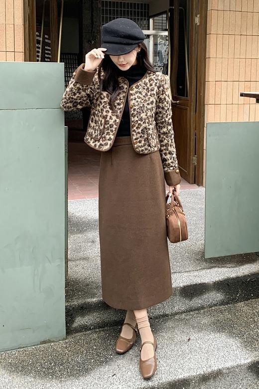 ELLA JADE 豹纹羽绒内胆外套直筒半裙套装 21588 商品图1