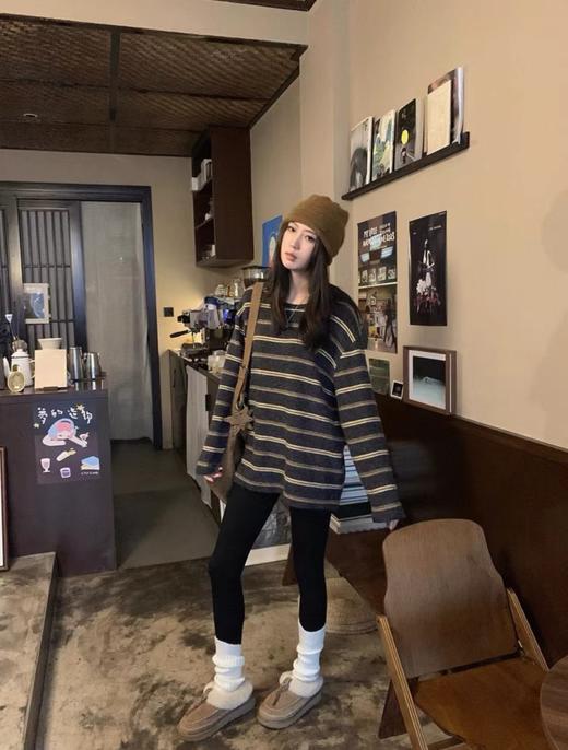 老米优品🎈软到像被兔子贴贴~🐇《黄色条纹兔毛绒温暖宽松打底tee》像开了复古滤镜！宽松遮肉，柔软双面绒，蓄热力一流哦！T251202A 商品图7