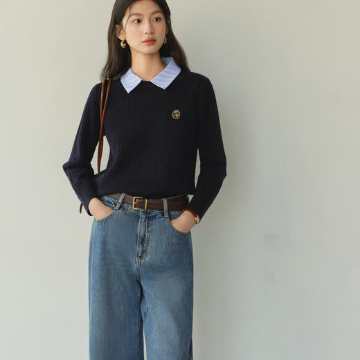 【严选】诗凡黎可脱卸领金扣麻花针织衫2025冬新款学院风针梭拼套头毛衣7GC133451 商品图5