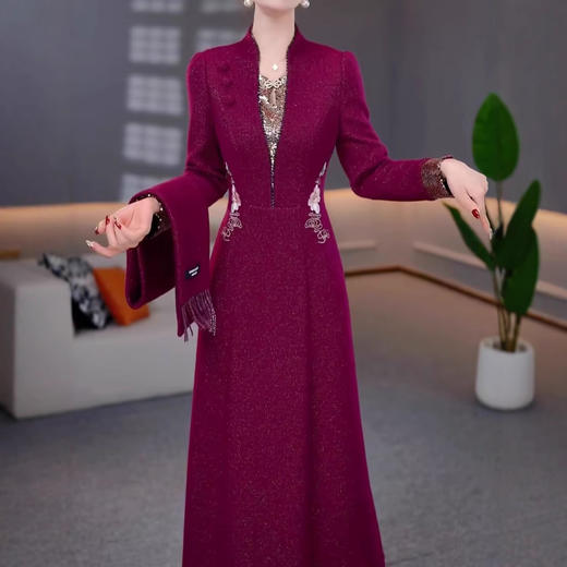 新中式刺绣连衣裙围巾款2025秋冬季女士长袖中长款时尚裙子 商品图0