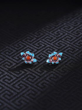 子佩集S925银【莲花沁影】耳钉【ES00239】纯银珐琅彩2412