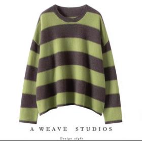 韩版明星同款100%山羊绒衫女圆领针织衫宽松薄毛衣条纹打底衫长袖 6210