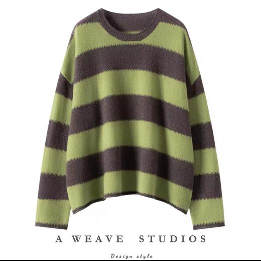 韩版明星同款100%山羊绒衫女圆领针织衫宽松薄毛衣条纹打底衫长袖 6210 商品图0