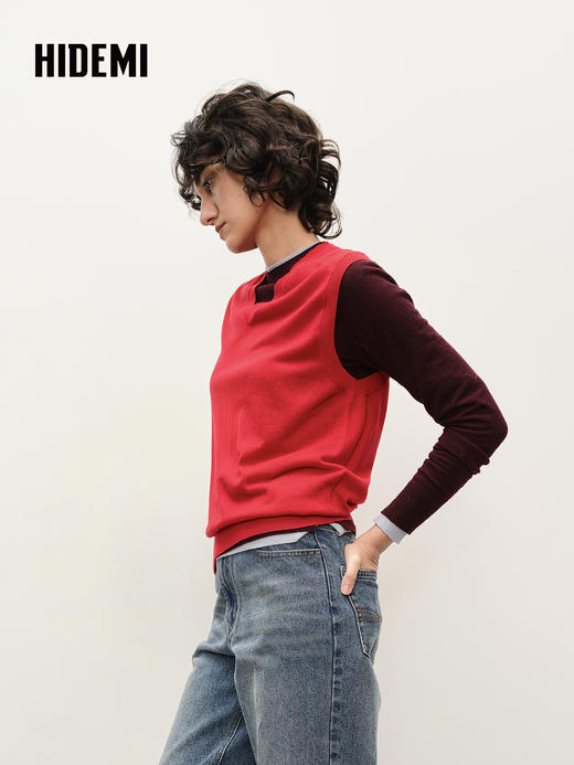 HIDEMI 澳洲进口美利奴羊毛系列60支极细精纺羊毛v领复古毛衣马甲 姜黄色 商品图1