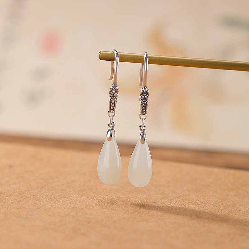 【如意风华】天然和田玉S925纯银晴水玉如意水滴耳饰【CW-EG02400】