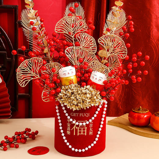 【马年福桶套装】新年摆件 年宵花绒布主题福桶套装 发财果春节装饰 乔迁新居婚庆成品 商品图13