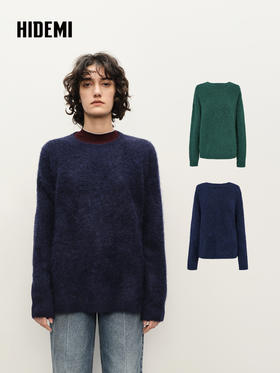 HIDEMI 进口alpaca羊驼毛长毛极简圆领廓形长袖大毛衣