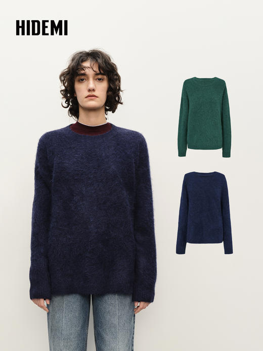 HIDEMI 进口alpaca羊驼毛长毛极简圆领廓形长袖大毛衣 商品图0