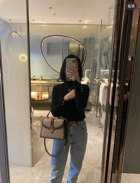 古驰 Ophidia 闪亮金色调配件品牌经典织带 帆布拼皮革 单肩斜挎手提包 小号 女款（LZ）