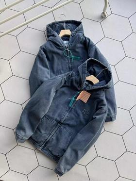 D120204纯色字母Logo连帽拉链宽松水洗牛仔棉服外套