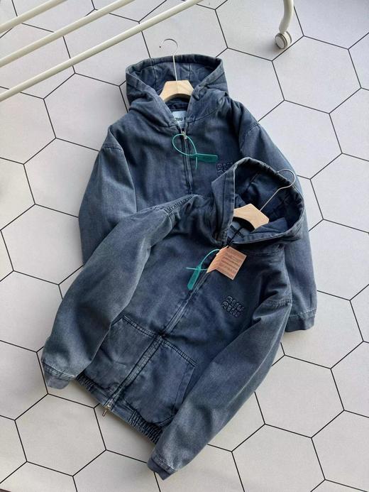 D120204纯色字母Logo连帽拉链宽松水洗牛仔棉服外套 商品图0