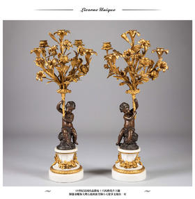 独角鹿西洋古董19世纪法国出品路易十六风格花卉主题铜鎏金雕饰大理石底座嵌青铜小天使多支烛台一对