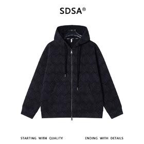 SDSA男士秋冬新款痞帅男装设计师菱形格绒毛拉链连帽卫衣宽松百搭