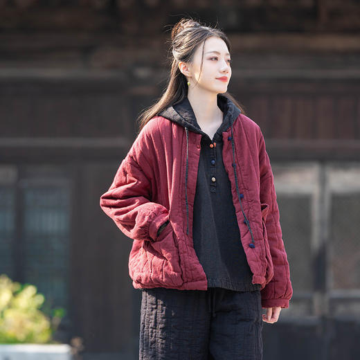 25棉麻文艺复古拼色盘扣宽松压条立领短款棉袄女亚麻夹棉加厚棉衣 商品图3