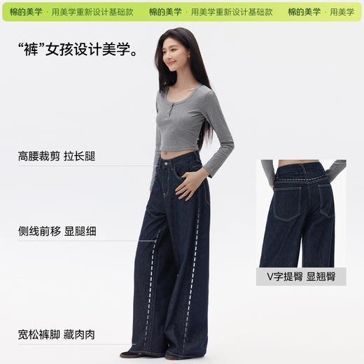 「棉的美学」深蓝色阔腿牛仔裤女夏季薄款高腰百搭宽松垂感丹宁裤子 商品图4