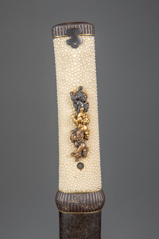 独角鹿西洋古董1603-1868年代日本江户时期出品东方瑞兽主题铜鎏金银精雕装饰漆木刀鞘及鲛皮手柄胁差 配小刃 商品图10