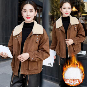 QYMXYKL-59142加绒加厚保暖短外套女2025年冬季新款宽松休闲小个子上衣咖色棉服