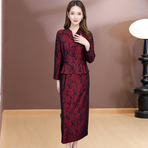 QYM SMAT108国风长袖连衣裙假两件修身显瘦印花喜庆风裙 商品图3