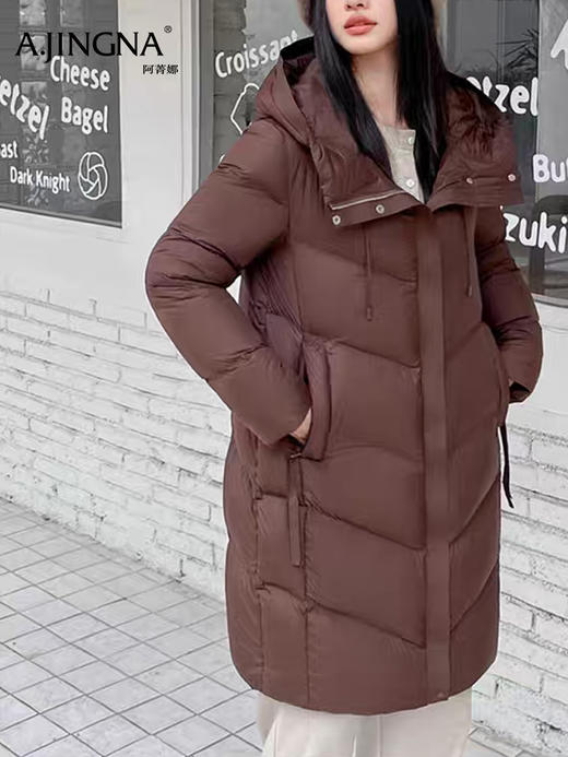 【 连帽立领】阿菁娜冬季新款显瘦中长款羽绒服连帽立领双倍暖直身剪裁松弛感高蓬松鸭绒F30D216022 商品图3