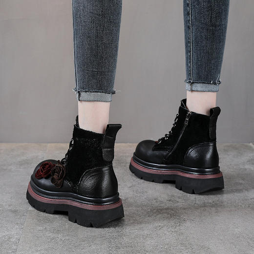 YR 2956头层牛皮复古厚底马丁靴花朵短靴厚底休闲高帮靴 商品图3