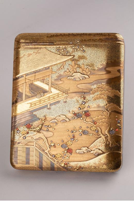 独角鹿西洋古董1910年代日本明治时期出品源氏物语「初音」主题莳绘手箱 带原盒 商品图2