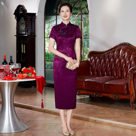 醋酸提花紫色妈妈婚宴旗袍女中式年轻修身2025新款喜婆婆礼服0635 商品图2