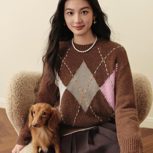 【严选】诗凡黎撞色菱格提花针织衫2025冬新款复古慵懒宽松软糯套头毛衣女7GC133371 商品图4