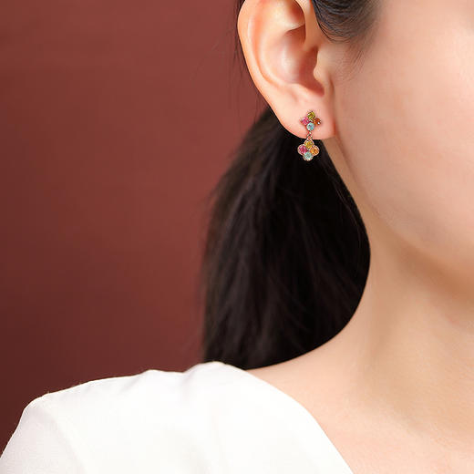 【四叶欢喜】S925纯银镀玫瑰金碧玺圆珠多巴胺四叶耳钉【CW-ED04373】 商品图3