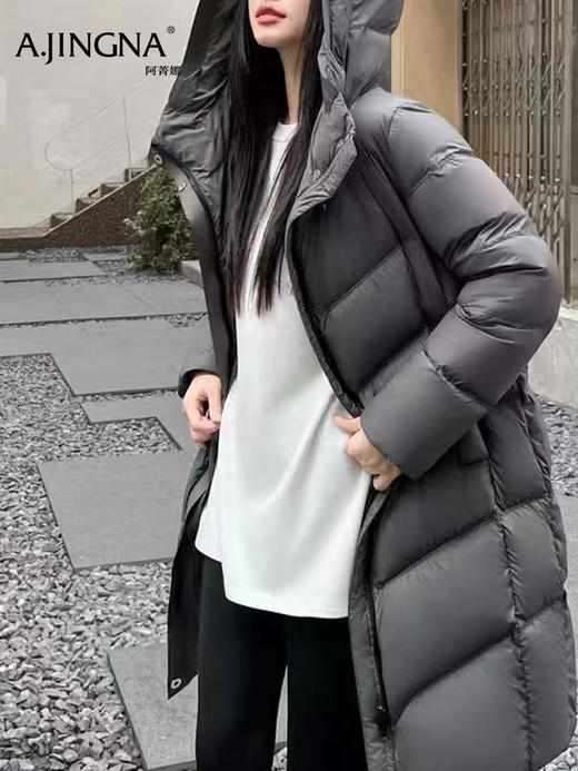 【 连帽立领】阿菁娜冬季新款显瘦中长款羽绒服连帽立领双倍暖直身剪裁松弛感高蓬松鸭绒F30D216022 商品图1
