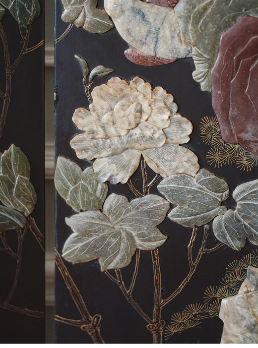 独角鹿西洋古董20世纪中国创汇时期出品「富贵万代」传统花鸟主题硬石镶嵌屏风 商品图5