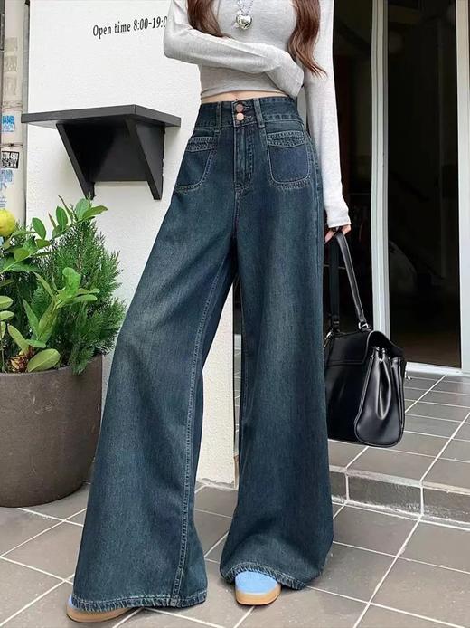 D120223一件过冬~冬季新款加绒复古高腰双口袋垂感显瘦直筒阔腿牛仔裤 商品图4