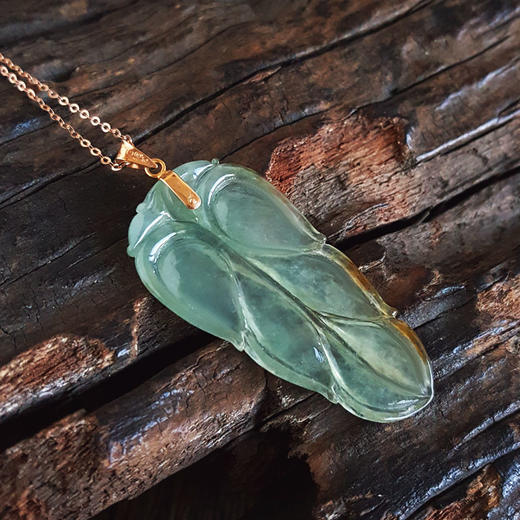 【天然正品】A货翡翠AU750玫瑰金镶天然细腻冰种飘黄叶子（金枝玉叶）翡翠吊坠项链47.5*20.5*3.8MM（皆取最大值）链长：45CM（长度可调节）女士280325AH31特价 商品图5