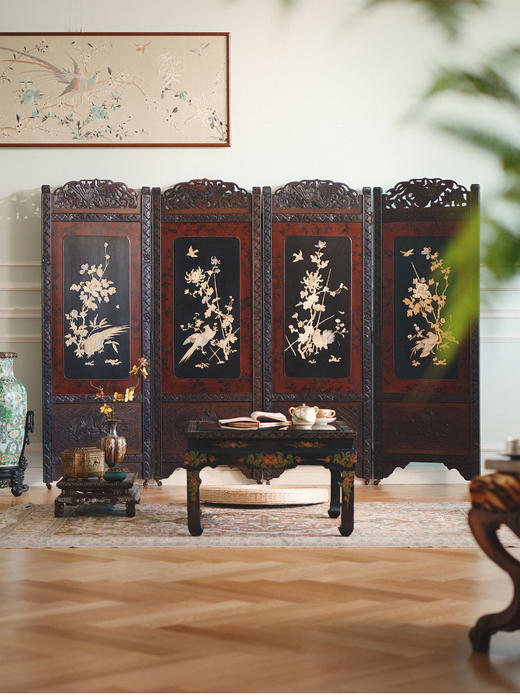 独角鹿西洋古董19世纪末20世纪初日本明治时期出品硬木镂雕「花卉珍禽」主题芝山镶嵌屏风 商品图0