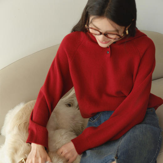 【严选】诗凡黎100%羊毛连帽套头针织衫2025冬新款韩系慵懒百搭休闲毛衣女7GC133461 商品图6
