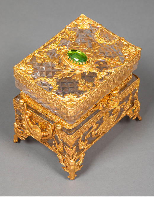 独角鹿西洋古董19世纪末法国出品路易十六风格花鸟自然主题铜鎏金精雕镶嵌水晶珍宝盒 商品图2