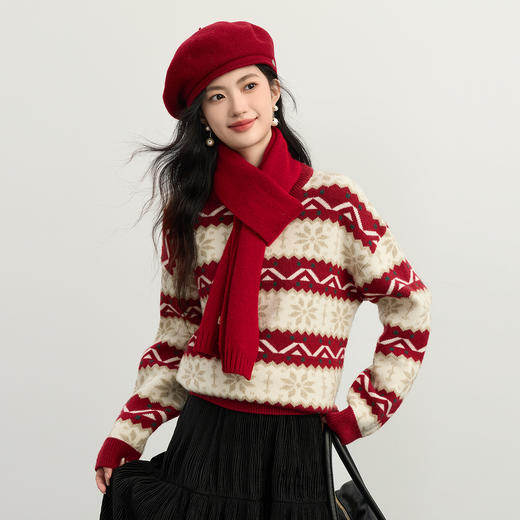 【年货节】熙世界【北欧序境】新年红费尔岛提花毛衣女秋冬绵羊毛圆领针织衫 商品图4