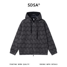 SDSA男士秋冬新款痞帅男装设计师菱形格绒毛拉链连帽卫衣宽松百搭