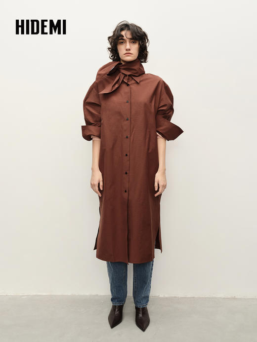HIDEMI 棕红色廓形衬衫裙附送分体三角巾 商品图0