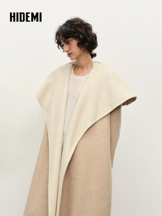 HIDEMI 进口澳洲美利奴双面双色长毛羊毛大翻领茧型大廓形大衣 商品图4