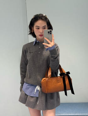 缪缪 Henley亨利领灰色针织毛衣(KX*MM)