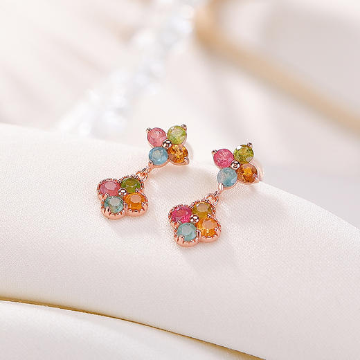 【四叶欢喜】S925纯银镀玫瑰金碧玺圆珠多巴胺四叶耳钉【CW-ED04373】 商品图1