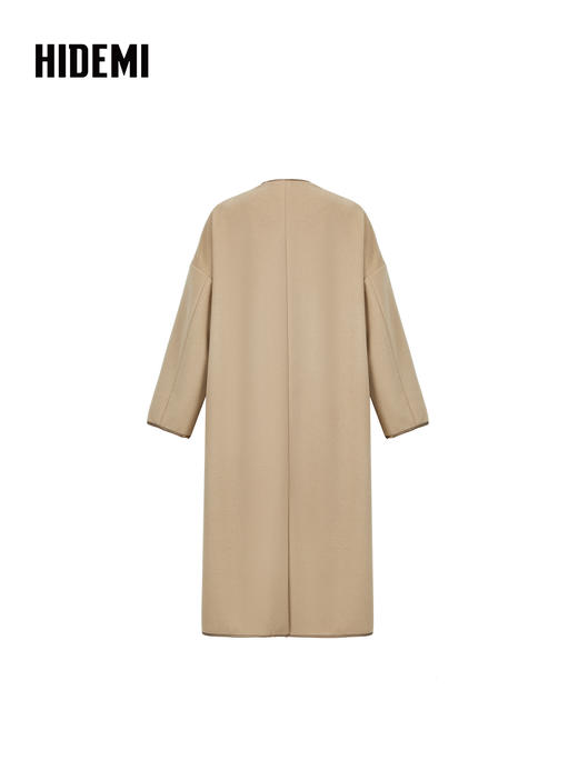 HIDEMI进口澳洲美利奴羊毛缎面包边镶嵌工艺无领式极简廓形长款大衣 商品图5