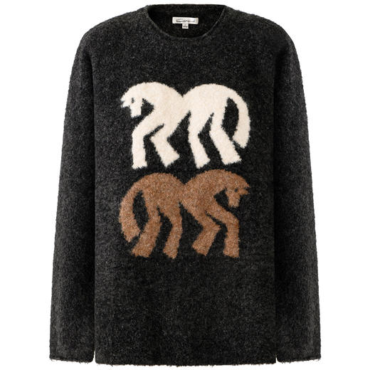 SELFWHO绵羊毛混纺灰色圆领毛衣女2025冬新款小马图案落肩针织衫 商品图4