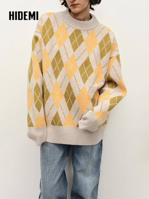 HIDEMI 进口澳洲美利奴羊毛设计感手绘菱格撞色加厚廓形套头大毛衣  蓝灰棕 商品图2