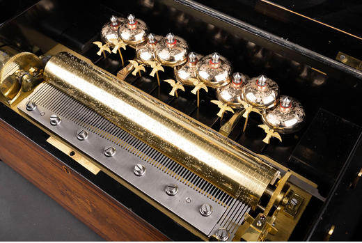 独角鹿西洋古董1870年代瑞士出品细木镶嵌外箱滚轴式美人鱼铃铛音乐盒 商品图5