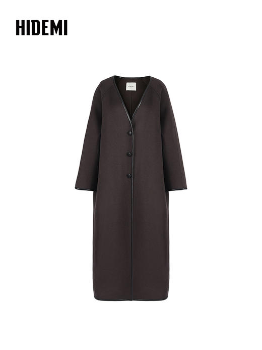 HIDEMI 简约设计感包嵌式皮边v领长款廓形美利奴羊毛双面呢大衣 商品图3