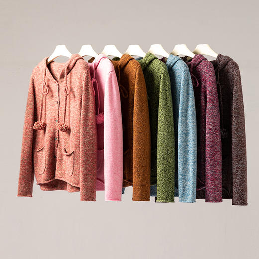 午后松茶~流苏毛毛球100%纯山羊绒开衫女花纱连帽外套CYR25163 商品图3