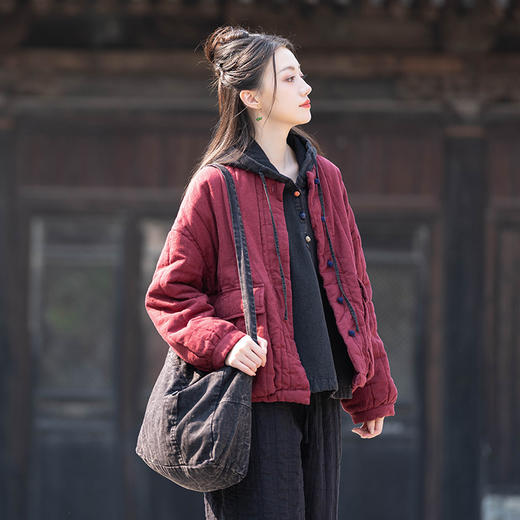 25棉麻文艺复古拼色盘扣宽松压条立领短款棉袄女亚麻夹棉加厚棉衣 商品图1